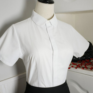 女白色衬衫小圆领薄长短袖暗扣修身显瘦优雅气质通勤棉蓝工服衬衣