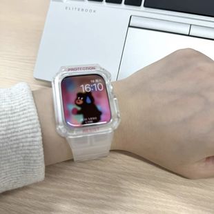 适用applewatch8表带苹果手表iwatch7硅胶运动一体壳带透明磨砂，男女654se2代创意4145mm夏季透气休闲