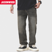 Jasonwood/坚持我的美式街头复古水洗牛仔裤百搭休闲宽松直筒长裤