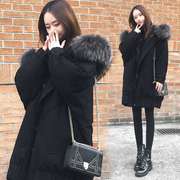 2021冬季黑色超大毛领棉服，女韩版宽松加厚派克面包中长款连帽