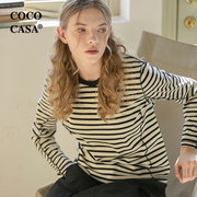 cococasa2024春装欧洲站长袖条纹T恤女设计感时尚纯棉欧货潮