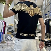 夏季男士欧洲站短袖T恤个性翅膀半袖男青少年时尚潮修身短袖上衣