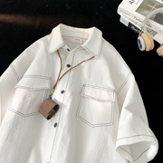 白色短袖衬衫男士日系工装高级感落肩学院风潮牌小众半袖衬衣韩版