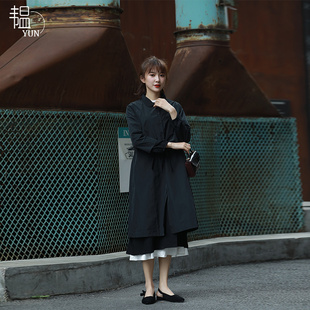 YUN韫2024春季女装气质通勤圆领抽带收腰七分袖长款风衣外套