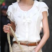 夏季韩版荷叶花边白色衬衫女短袖职业装修身显瘦打底雪纺衬衫