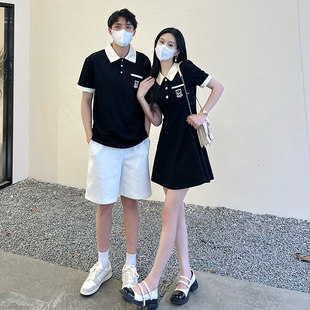 情侣装一裙一衣夏季2023法式赫本风polo连衣裙，韩版高级感短袖