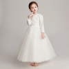 儿童礼服公主裙女童婚纱，长袖钢琴表演服小花童蓬蓬纱长裙白色高端