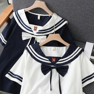 夏装日系海军领系带水手服短袖T恤学生少女可爱蝴蝶结刺绣棉上衣