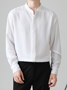 高级感白色冰丝衬衫男士青年小立领长袖衬衣免烫垂感韩版上衣套装