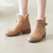 pansy日本2021圆头女鞋，冬季短靴轻便妈妈保暖加绒纯色，雪地靴4577