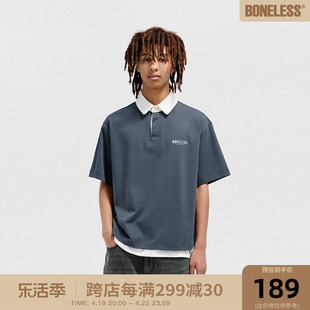 BONELESS刺绣logo针织拼接领短袖简约纯棉夏季T恤POLO衫男