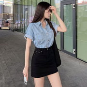 韩国女装m2024夏季时尚百搭水洗磨白单排扣翻领短袖休闲衬衫