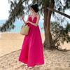 玫红色露背v领超仙海边度假风沙滩裙长裙，挂脖吊带裙连衣裙女夏季