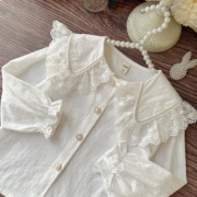 女童白色法式蕾丝花边衬衫纯棉洋气小孩衬衣2024春装宝宝上衣