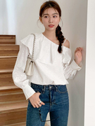 韩系露肩衬衫女荷叶边领单肩白色上衣设计感流行漂亮小衫长袖T恤