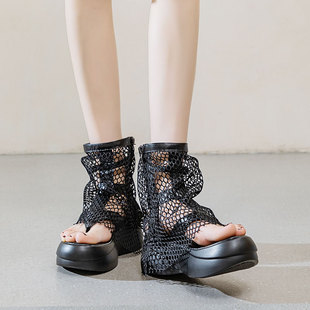 欧美风夹趾镂空罗马凉鞋，女夏季松糕，厚底短靴露趾网纱透气凉靴