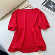大红色 女士夏季真丝乔其短袖上衣纯色圆领桑蚕丝百搭弹力双乔T恤