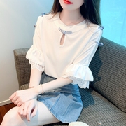 新中式复古盘扣唐装中国风气质蕾丝半袖女款白色衬衫夏季雪纺上衣