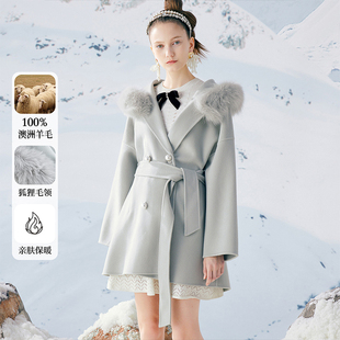 糖力冬气质100%羊毛大衣女，狐狸毛领连帽双面呢呢子外套