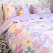 田园紫色花卉小碎花床上四件套，全棉纯棉床单，床笠款水墨画风格床品