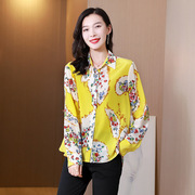 黄色印花真丝衬衫女长袖2022春装，宽松显瘦洋气杭州桑蚕丝上衣