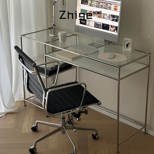 中古包豪斯长方形不锈钢电脑桌组合办公桌ins玻璃展示架书桌餐桌