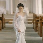 2024韩式森系轻婚纱白色简约鱼尾收腰性感小拖尾缎面晚礼服