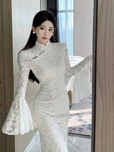 新中式国风改良旗袍蕾丝长袖连衣裙女秋冬高级感气质包臀礼服长裙