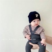 婴儿帽子秋冬款男女宝宝，保暖套头帽韩系字母，p婴幼儿双层毛线帽潮