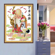 纯手工绣好的十字绣成品寿比南山寿星寿桃新中式客厅玄关竖版挂画