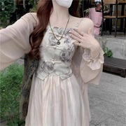 新中式国风连衣裙女2024夏季防晒开衫上衣吊带，背心半身裙三件套装