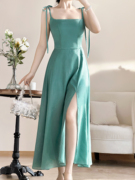 黑茉莉与甜酒 琉璃青绿 法式复古吊带连衣裙女夏季2023长裙子