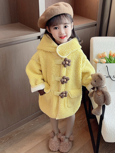 女童加厚羊羔绒外套秋冬装儿童洋气连帽毛毛衣中长款韩版保暖大衣