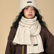 米色围巾女冬季针织羊毛混纺毛线，软糯复古情侣加厚保暖帽子围脖男