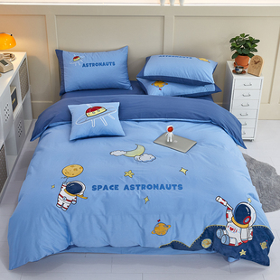 儿童床单四件套男孩纯棉，卡通被套1.5米蓝色100全棉，三件套1.2床笠