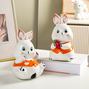 可爱陶瓷兔子桌面装饰摆件2023兔年吉祥物十二生肖小白兔新年