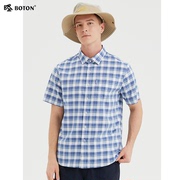 波顿蓝白色格子衬衫短袖男2022夏季休闲格纹纯棉衬衣