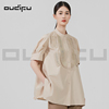 oudifu2023春夏季女士纯棉立领，宽松短袖直筒，中长衬衫衣设计感