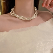 超重工多层水晶珍珠项链夸张设计感小众锁骨链颈链女
