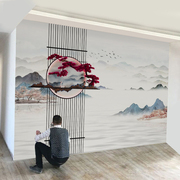 现代新中式壁画简约山水抽象墙纸，背景墙布客厅卧室书房3d松树壁纸