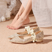 主婚鞋女2023年新娘鞋，不累脚秀禾婚纱，两穿孕妇可穿平底水晶鞋