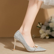 香槟色水晶婚鞋女2023不累脚日常可穿银色新娘伴娘礼服高跟鞋