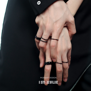 黑色戒指女s925纯银小众设计冷淡风细戒子高级感开口食指素圈戒指