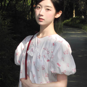 日系花朵刺绣泡泡袖白色，连衣裙女2024夏季小个子气质娃娃公主长裙