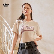 居家宽松运动上衣圆领，短袖t恤女装，adidas阿迪达斯三叶草