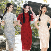 新中式蕾丝旗袍红色新娘结婚敬酒服春夏日常穿飞飞袖改良版连衣裙