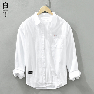 秋季日系复古纯棉休闲长袖，衬衫男百搭宽松高级感衬衣打底寸衫白色