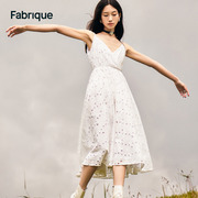 Fabrique纯棉镂空V领吊带收腰连衣裙夏季度假风长裙