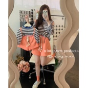 Spring韩国童装母女装夏季撞色个性露肩宽松长袖亮橘色裙裤套装