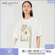 mecity女装夏季韩版潮流印花纯色简约宽松套头短袖t恤女